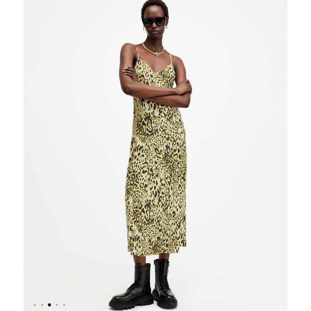 All Saints Yellow Leopard Print Maxi Slip Dress